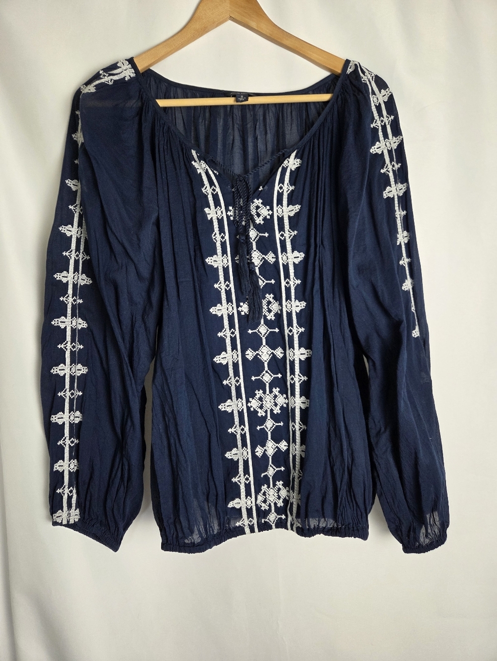 Lucky Brand Embroidered Boho Navy Tassel Tie Balloon Sleeve Cotton Blouse